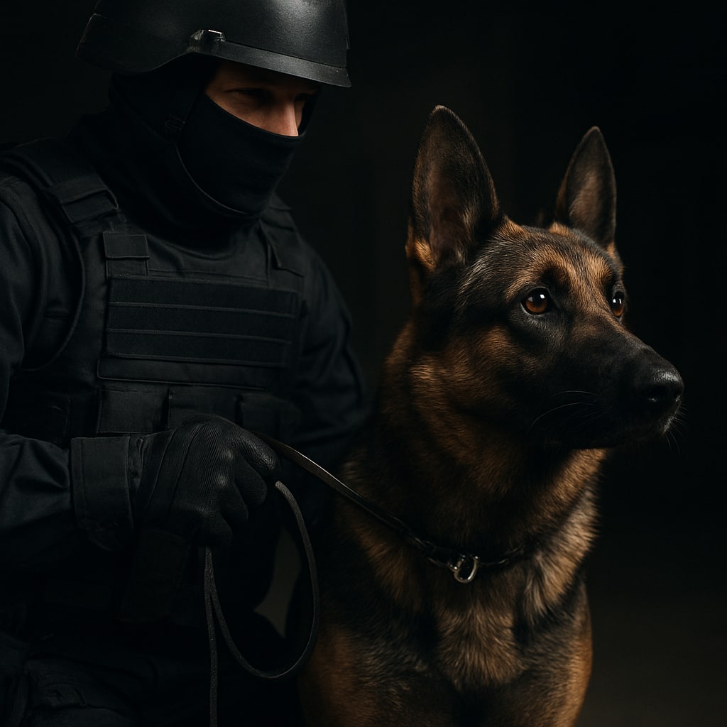 Trained HazMat detection canine working with a handler